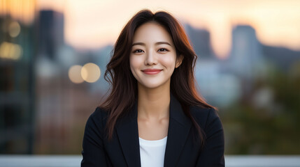 Fototapeta premium happy young businesswoman smiling confidently in city setting, showcasing professionalism and warmth. background features blurred urban landscape.