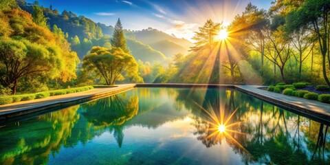 Obraz premium Serene Sunrise Reflecting in a Tranquil Garden Pond with Lush Greenery and Sunbeams