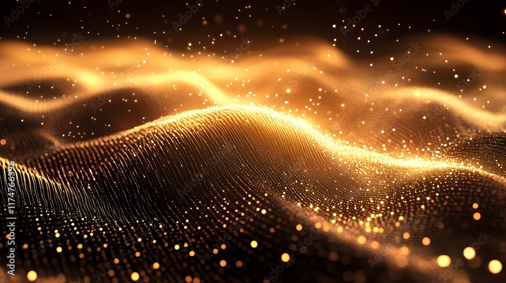 Poster glowing abstract waves of shimmering digital particles creating a mesmerizing futuristic sci fi atmo