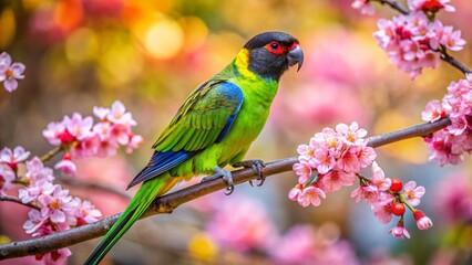 Black Hooded Nanday Parakeet Parrot on Spring Branch, California Wild Bird Drone Photography
