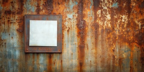 Rustic Metal Surface with Attached Blank Square Sign for Text or Image Presentation