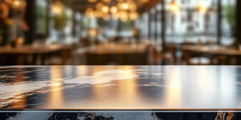 Wooden table surface, blurred restaurant background, warm glowing lights, bokeh effect, intimate atmosphere, cozy dining setting, soft focus, evening ambiance, rustic decor, empty tabletop, reflective