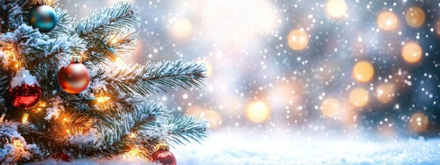 Christmas decorations, snowy pine branches, colorful ornaments, glowing bokeh lights, frosty winter scene, magical holiday atmosphere, soft focus, warm tones, nostalgic festive mood, close-up detail, 