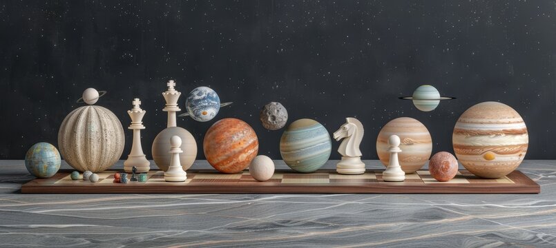 A celestial chessboard in space featuring planets and moons as game pieces in cosmic play