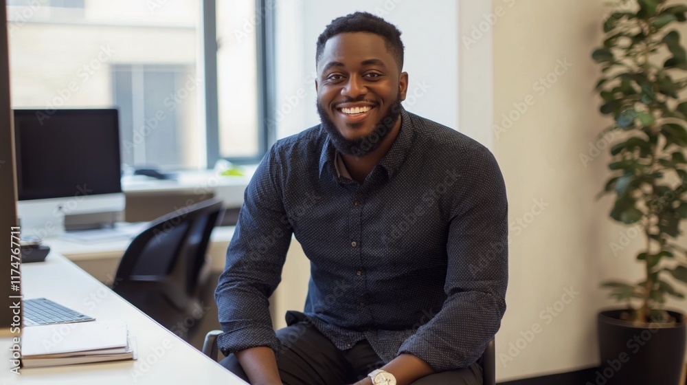 Poster a cheerful man sits at his desk in a modern office, surrounded by natural light filtering through la