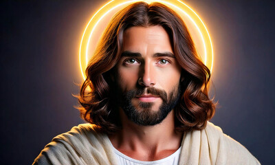 Fototapeta premium A modern 3D close-up portrait of Jesus, with a youthful and approachable appearance, gentle brown eyes, and short wavy hair, wearing a simple tunic, with a glowing halo in a minimalist style