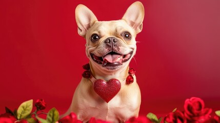 A cute dog wearing a heart-themed collar, surrounded by romantic decorations, posing on a red studio background for Valentine's Day.