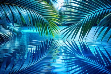 Blue Palm Leaf Reflections: Tropical Water Abstract Background