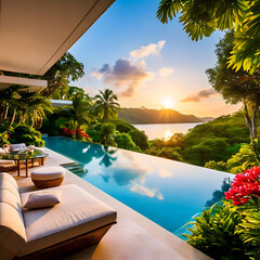 outdoor pool terrace of luxurious villa offers a breathtaking panoramic view of lush tropical landscape, with vibrant colors of sunrise casting a golden glow over tranquil