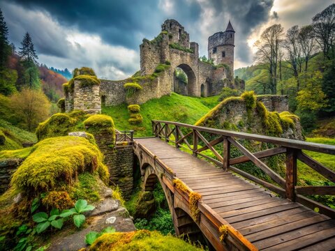 Bokeh-Effect Photo: Mossy Ruins of Logne Castle, Ferrieres, Belgium