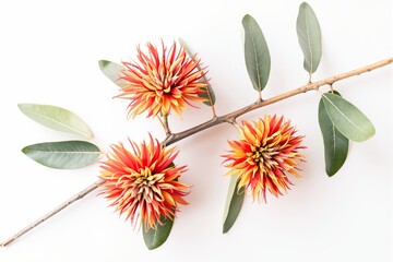 A branch showcasing vibrant dahlia flowers in red and yellow hues with green leaves, isolated on a plain white background. Concept of nature's beauty. Ai generative