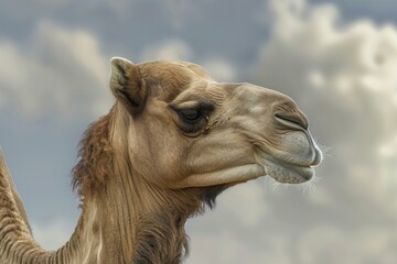 Dromedary camel is standing in profile with its mouth slightly open