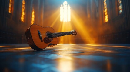 A guitar rests on the floor of a sunlit, ornate space, creating a serene atmosphere.
