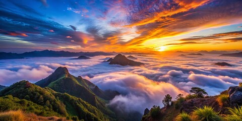 Breathtaking Sunrise over Sea of Clouds, Phu Chi Dao, Chiang Rai, Northern Thailand