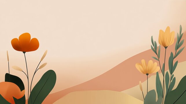 Simple floral illustration with orange and yellow flowers against a soft peach and beige background. Perfect for cards, websites, or social media.