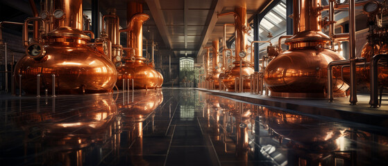 Modern Spirit-Making Distillery with Brass Pipes and Vats