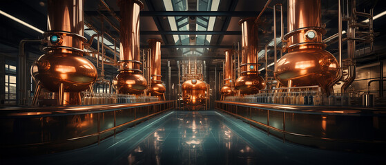 Modern Spirit-Making Distillery with Brass Pipes and Vats