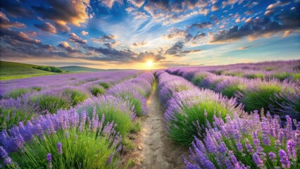 Fototapeta premium A Serene Sunset Path Through a Vibrant Lavender Field, Bathed in Golden Light and Peaceful Atmosphere