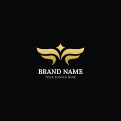 Leter M wing angle gold elegant Logo, An elegant and luxurious logo featuring the letter "M" with angular, wing-inspired extensions, designed to convey sophistication and dynamism. The gold color pale