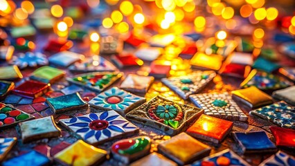 Broken Ceramic Mosaic Tile Closeup - Bokeh Background, Damaged Texture