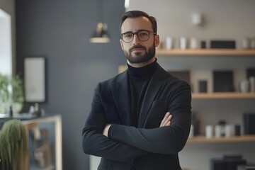 Fototapeta premium Confident Modern Boutique Owner Showcasing Sleek and Minimalist Shop Design