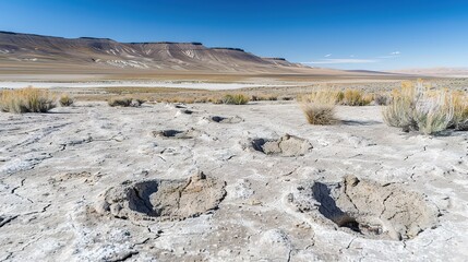 Dinosaur footprints preserved in dry cracked mud with sparse vegetation under clear blue sky, prehistoric fossil tracks and ancient natural history concept.