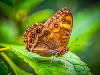 Obraz premium Brown Butterfly with Yellow Spots on Green Leaf - High-Resolution Stock Photo