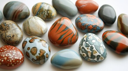 Fototapeta premium Realistic depiction of hand-painted ceramic pebbles showcasing smooth surfaces and vibrant colors in a decorative arrangement