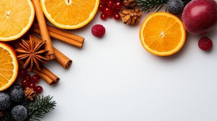 Winter Wonderland Feast: Aromatic spices, juicy orange slices, and festive berries create a vibrant holiday-themed food composition.