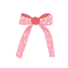 Coquette dotted bow. Hair pink accessory. Vector girly ribbon collection isolated on white background.