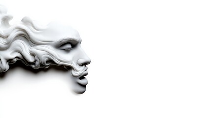 Sculptural Face with Flame: An abstract, minimalist sculpture of a face merging with flame-like...