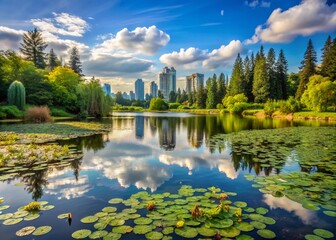 Fototapeta premium Burnaby Deer Lake: Serene Water Lilies, Forest, & City Skyline - Candid Stock Photo