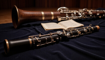 Woodwind instruments on black velvet with open sheet music