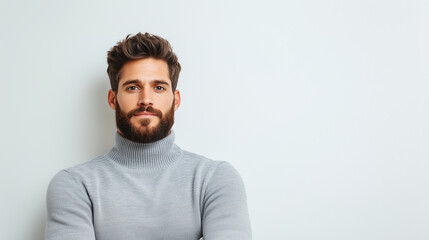 Fototapeta premium confident man with beard wearing gray turtleneck sweater poses against light background, exuding calm demeanor.