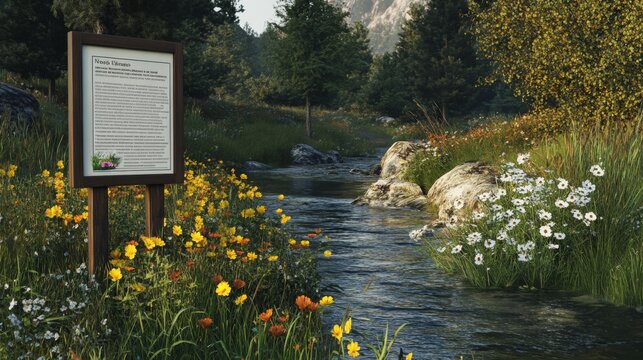 Information sign stands near blooming wildflowers and flowing creek in summer
