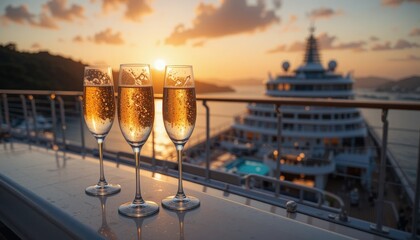 Obraz premium Three elegant flutes filled with sparkling drink catch the golden rays of sunset, celebrating a memorable moment aboard a luxury cruise ship in tranquil waters