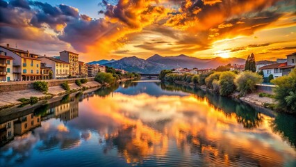 Fototapeta premium Castellon Sunset: River Reflection & Mountains, Spain - December Winter