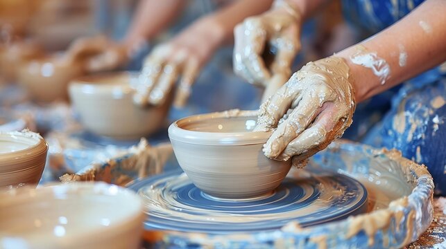 Students collaborate in pottery class to shape and glaze creations on spinning wheels - Powered by Adobe