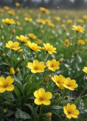 Obraz premium Surreal image of yellow flowers in a field with dew drops and blurred background, blurred background, surreal, close-up, yellow flowers
