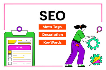 Professional SEO Illustration: Woman Optimizing Keywords, Meta Tags.