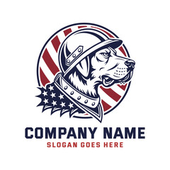 Patriotic Dog in Military Helmet with USA Flag Background Logo Design
