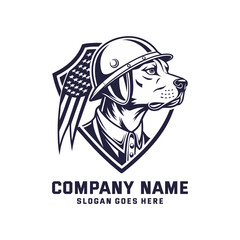 Patriotic Dog in Military Helmet with USA Flag Background Logo Design
