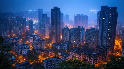 Nighttime Cityscape Dense High Rise Buildings Illuminated