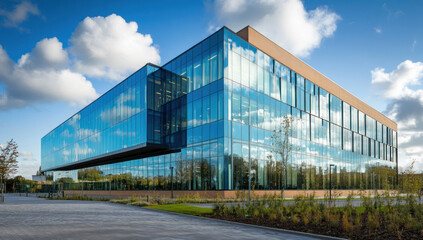 Modern glass and wood office building.