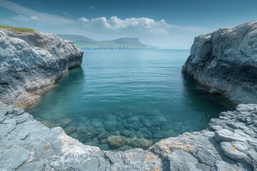 Calm turquoise waters nestled between rocky cliffs on a serene coastal landscape under a clear sky