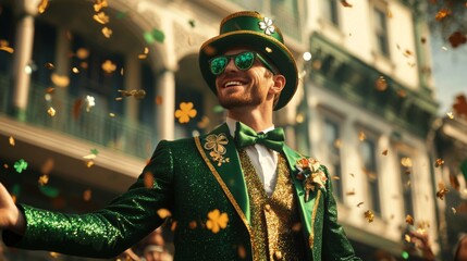 Happy leprechaun wearing green suit and top hat celebrating saint patrick's day