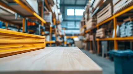A well-organized lumber storage area with wooden planks in focus, showcasing industrial shelving and a bright workspace.