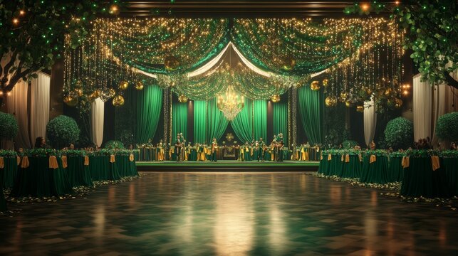 Luxurious green and gold themed event in grand ballroom setting with guests enjoying festivities