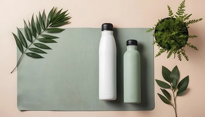 A minimalist flat lay with a single yoga mat, a sleek water bottle.