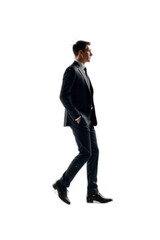 Businessman walking, city background, profile view, success concept.